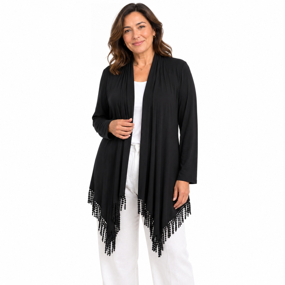 Joseph Ribkoff Black Jersey Knit Asymmetrical Cardigan Jacket Fringe sz 10